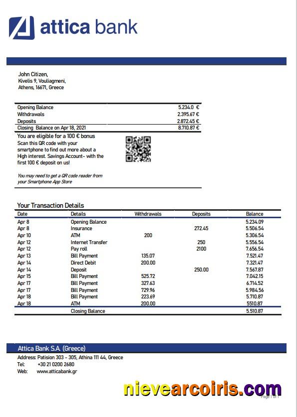 Greece Attica bank statement, Word and PDF format